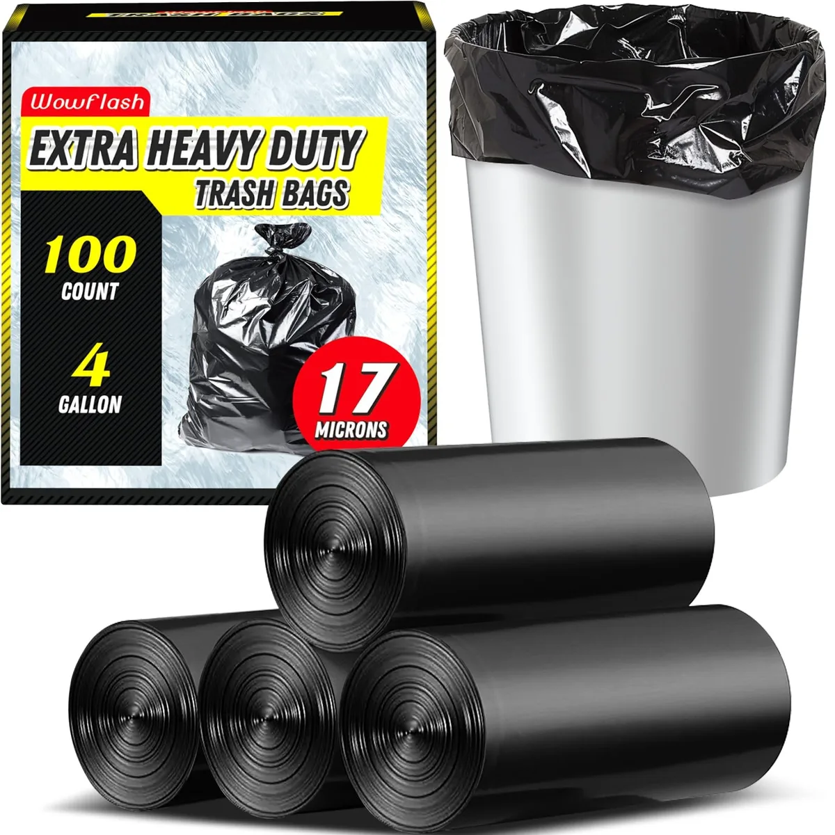 White 4-gallon trash bags on perforated roll, 100 count, 17 micron heavy-duty plastic