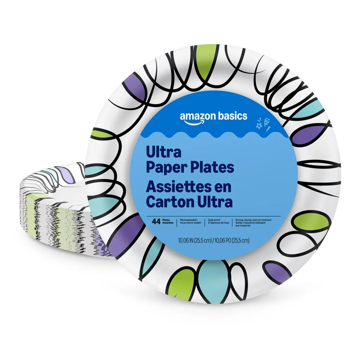 Pack of 44 round 10 inch paper plates in multicolor geometric design