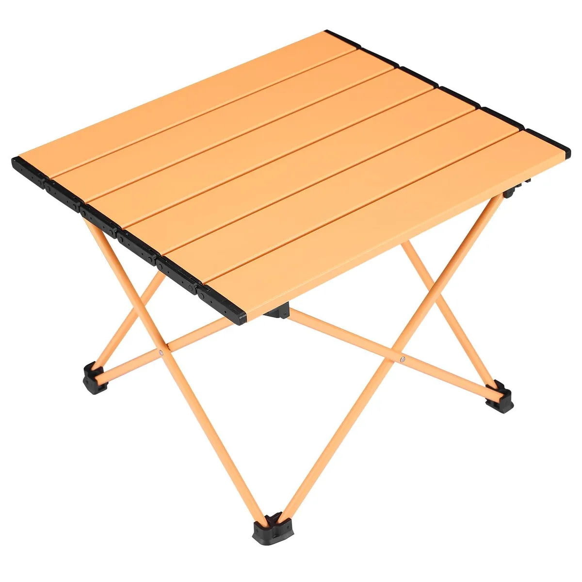 Small folding aluminum table in apricot with black frame and carry bag