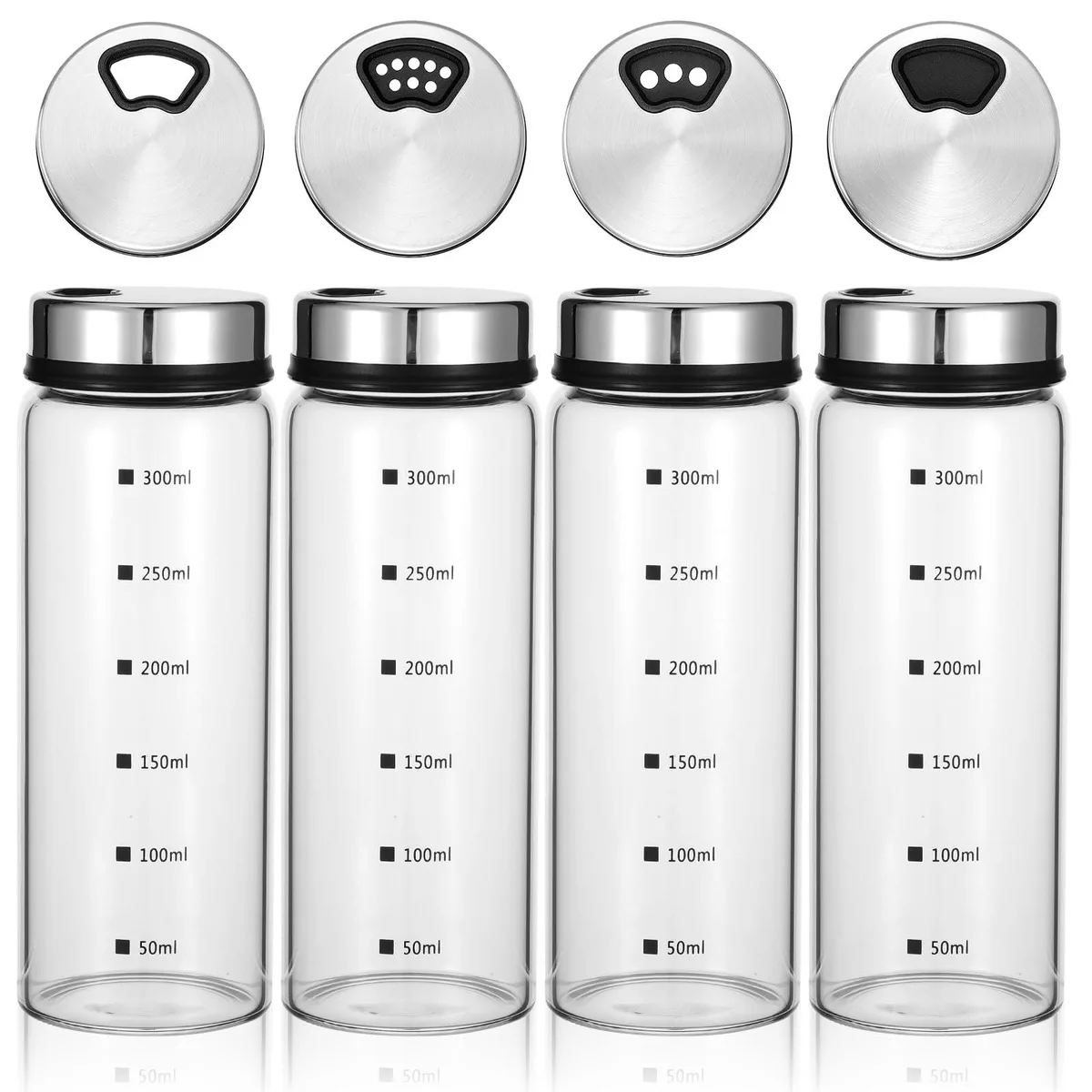 Four clear glass shakers with silver bamboo lids, 6.69 inches tall