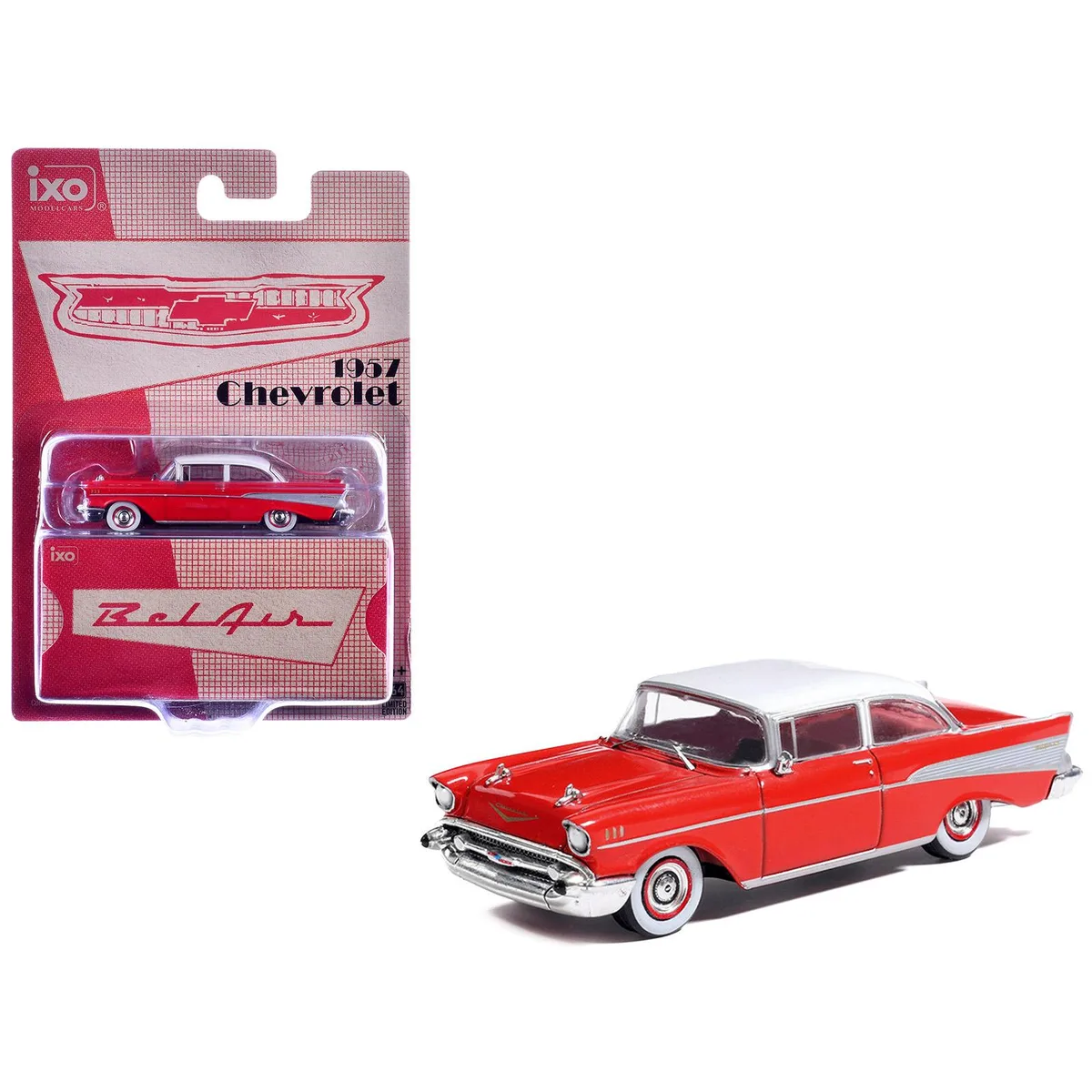 ixo ixo 1957 Chevrolet Bel Air Red White Top Red Interior 1/64 Diecast — product photo