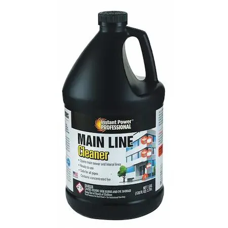 Clear liquid drain cleaner in a white one-gallon jug with label
