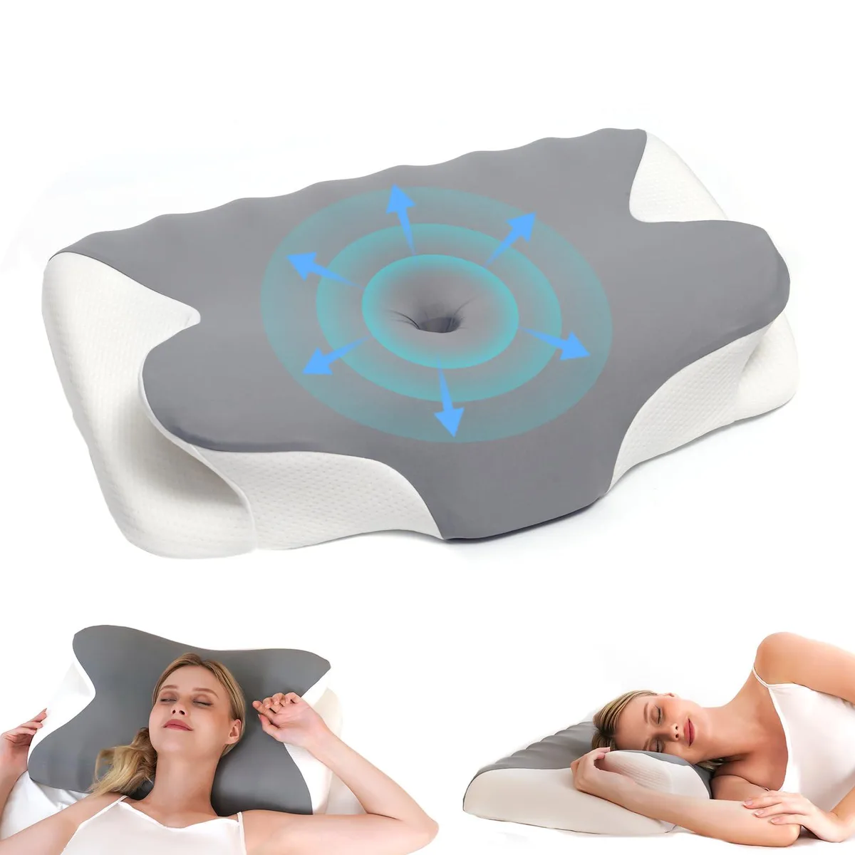 Grey rectangular memory foam pillow with butterfly contour and removable washable cover