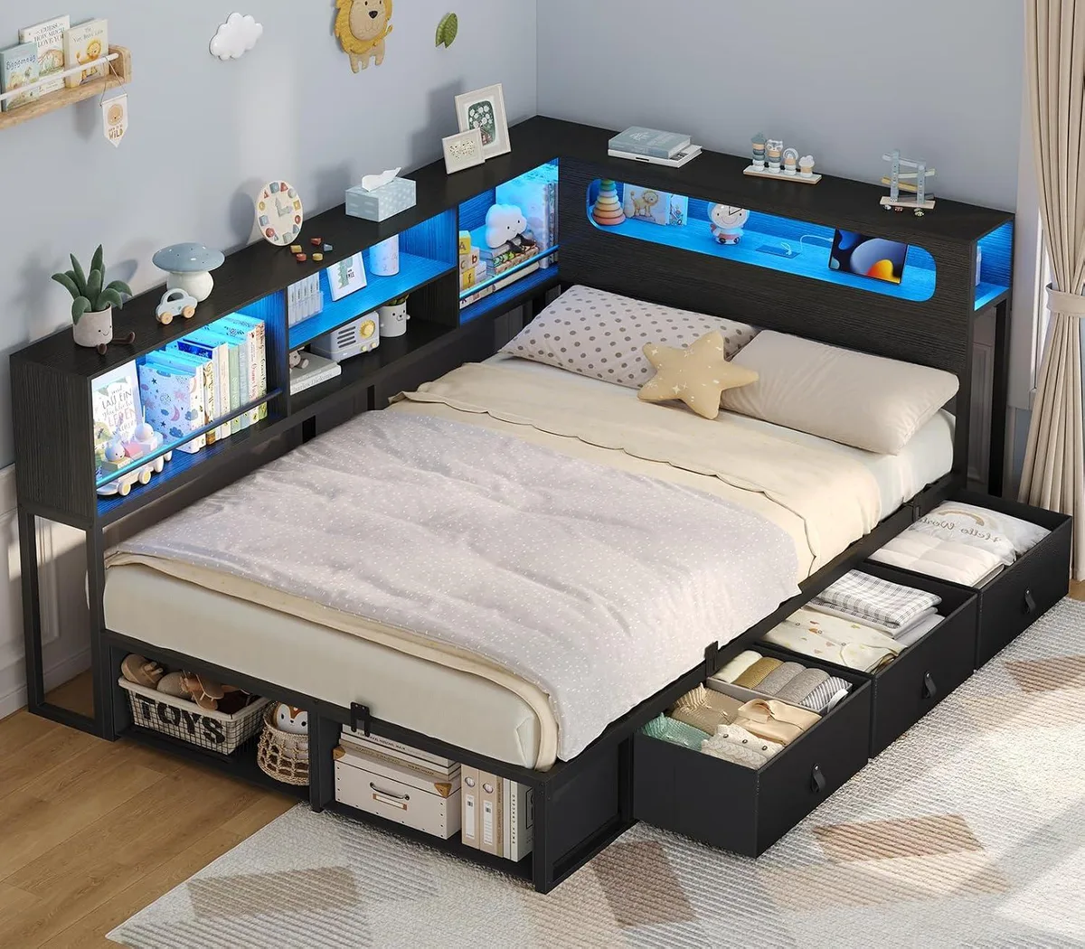 BFKK BFKK Twin Corner Bed Frame with Storage, Charging Station, RGB, Black — product photo