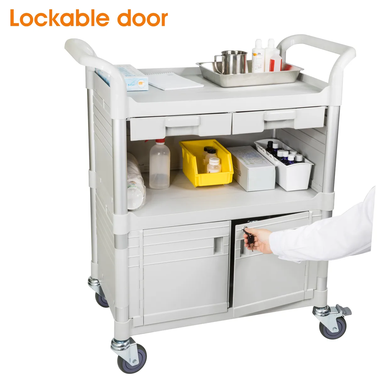 JaboEquip JaboEquip JBG-3KD1 3-tier medical cart lockable door 2 ABS drawers white — product photo