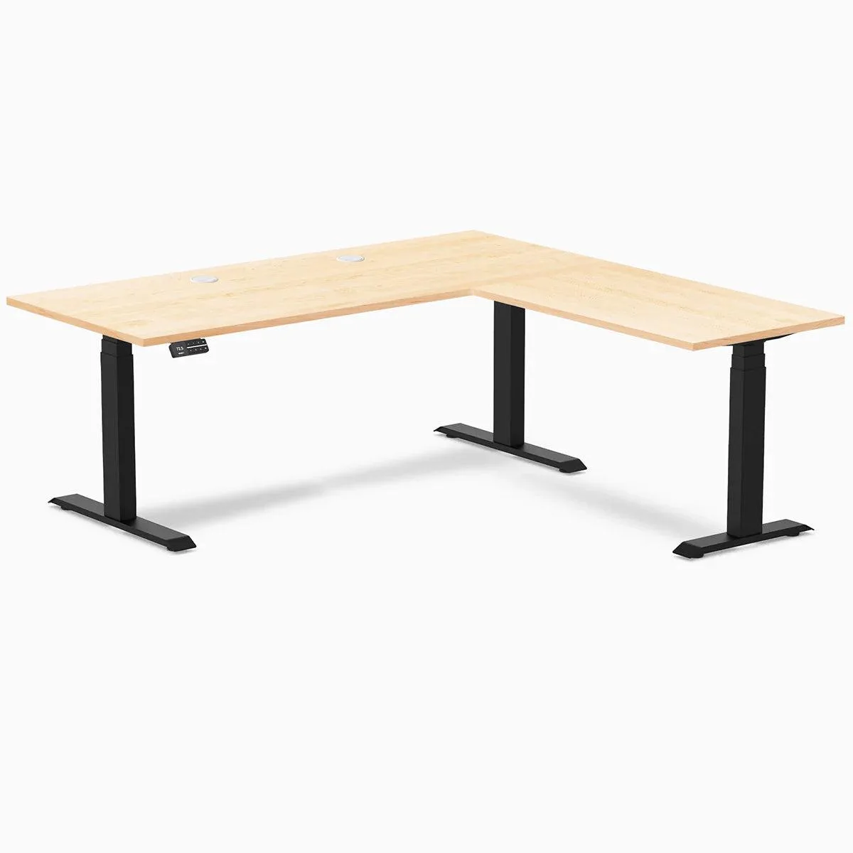 Desky Desky Hardwood L-Shape Sit Stand Desk Maple 72 x 30 x 70 x 24 in Grommets Matte Black office furniture — product photo