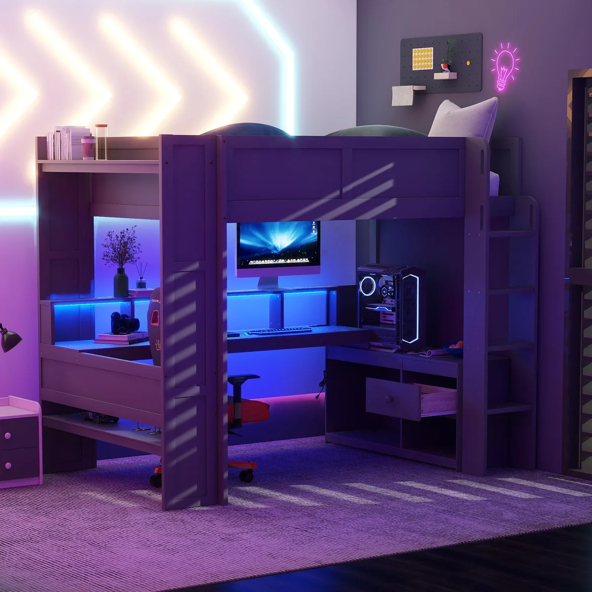 tuphen tuphen Full Size Gaming Loft Bed with Desk, LED &amp; Charging Station, Dark Gray 374 — product photo