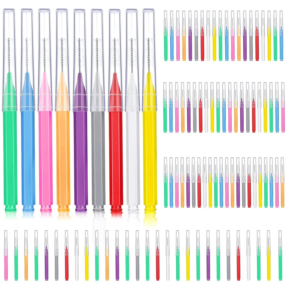 A clear box holding 100 mixed-colour interdental brushes with protective caps