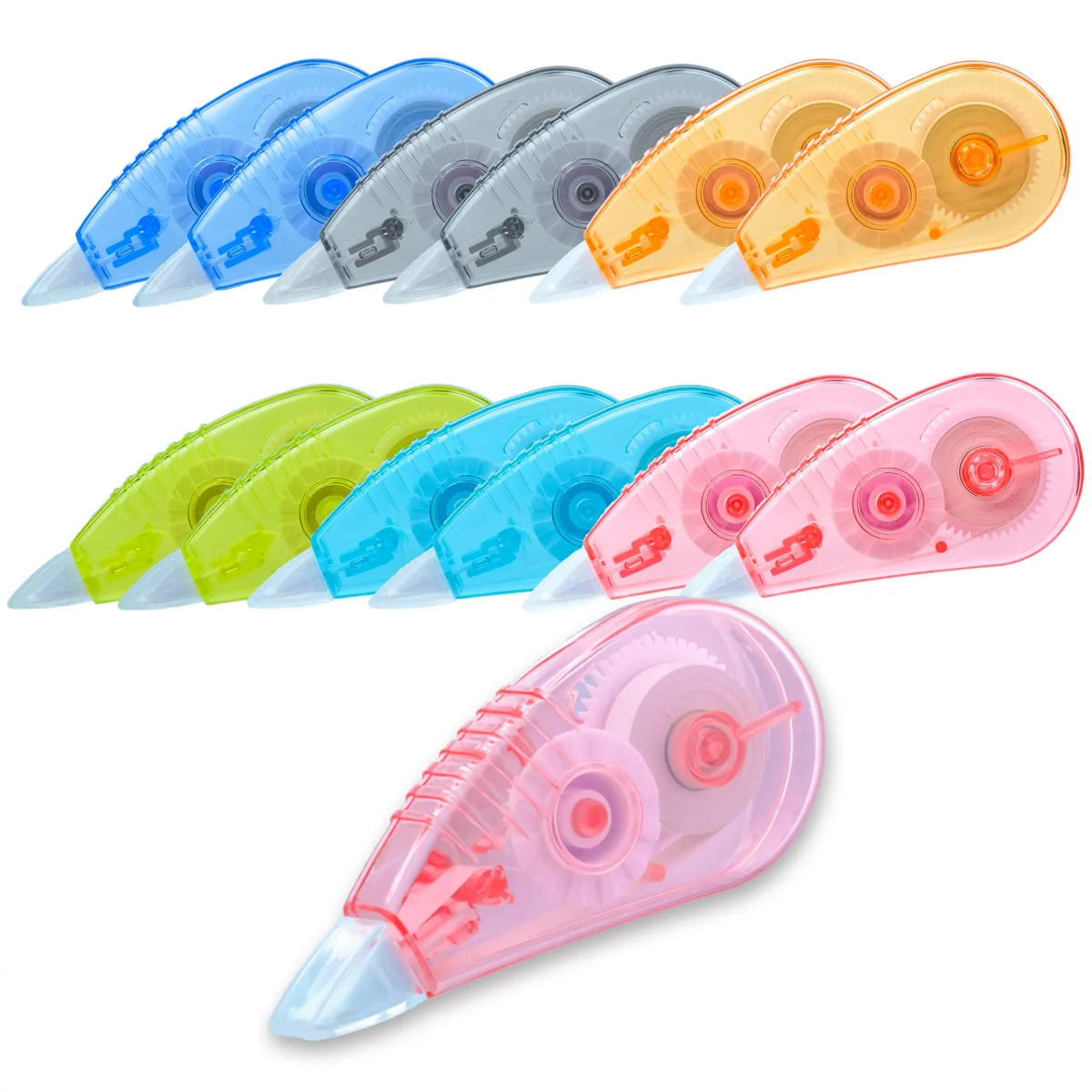 Twelve blue plastic correction tape dispensers in a pack