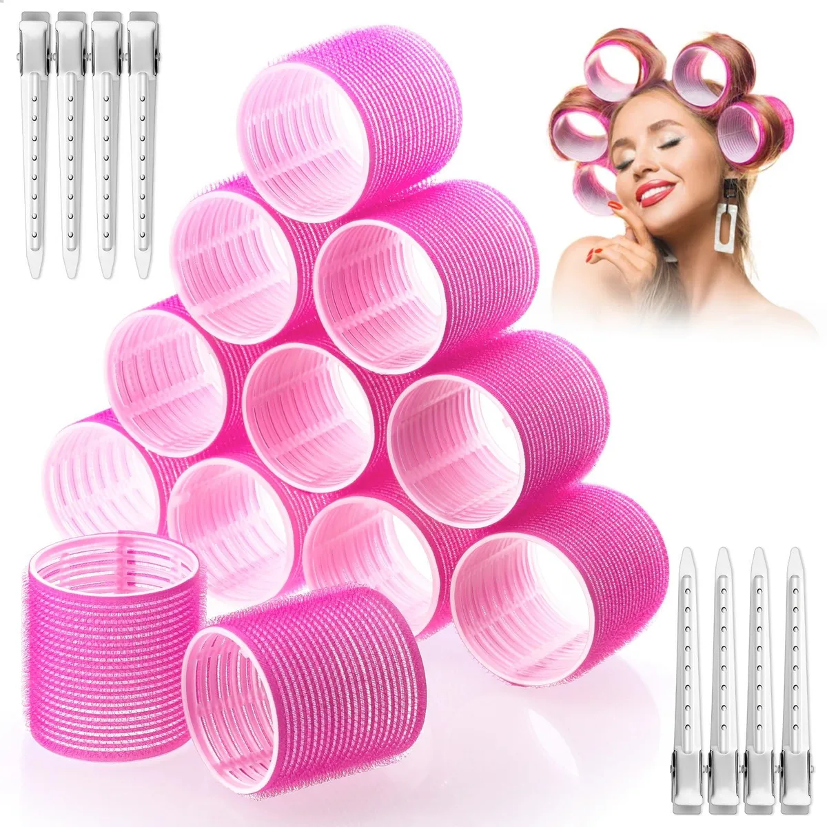 Twelve rose red 60 mm self grip rollers with 24 clips