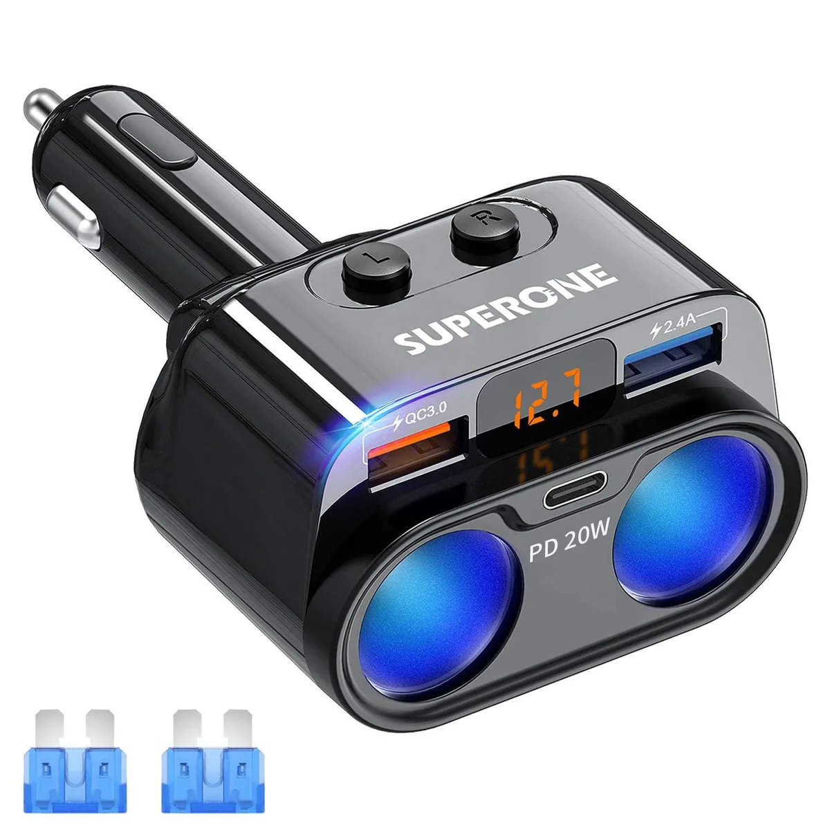 Grey rectangular car power adapter with two cigarette lighter sockets, USB-C and USB-A ports, and a small digital voltage display
