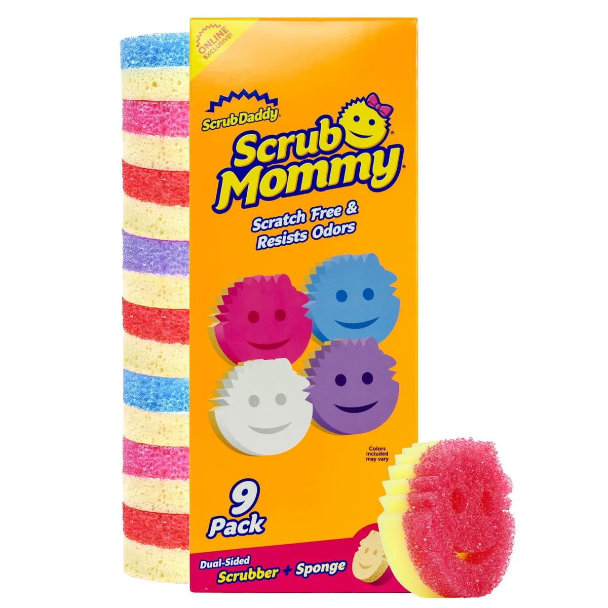 Nine smiley-face sponges in assorted colours, dual-sided FlexTexture and ResoFoam, bulk pack