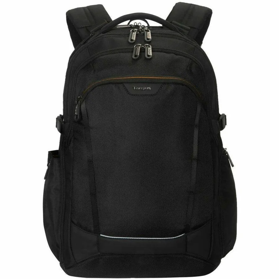 Black polyester expandable travel backpack with top handle and trolley strap