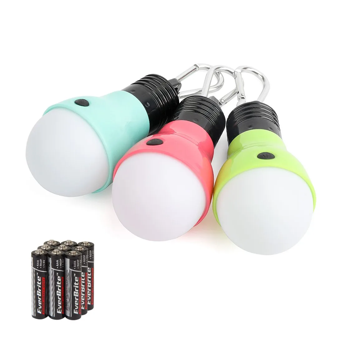 Three small bulb-shaped flashlights in green teal and hot pink with carabiner clips