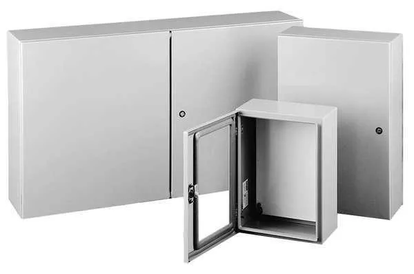 Gray carbon steel wall-mount enclosure, 16.0 by 20.0 by 8.0 inches, hinged solid cover with quarter-turn latch