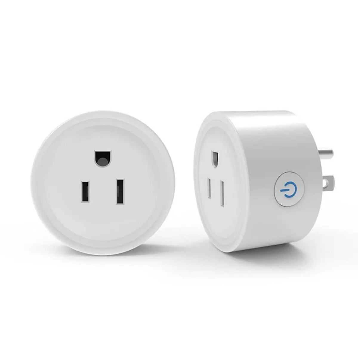 Two compact black square smart plugs with rounded edges, each about two inches wide and deep by one point eight inches high