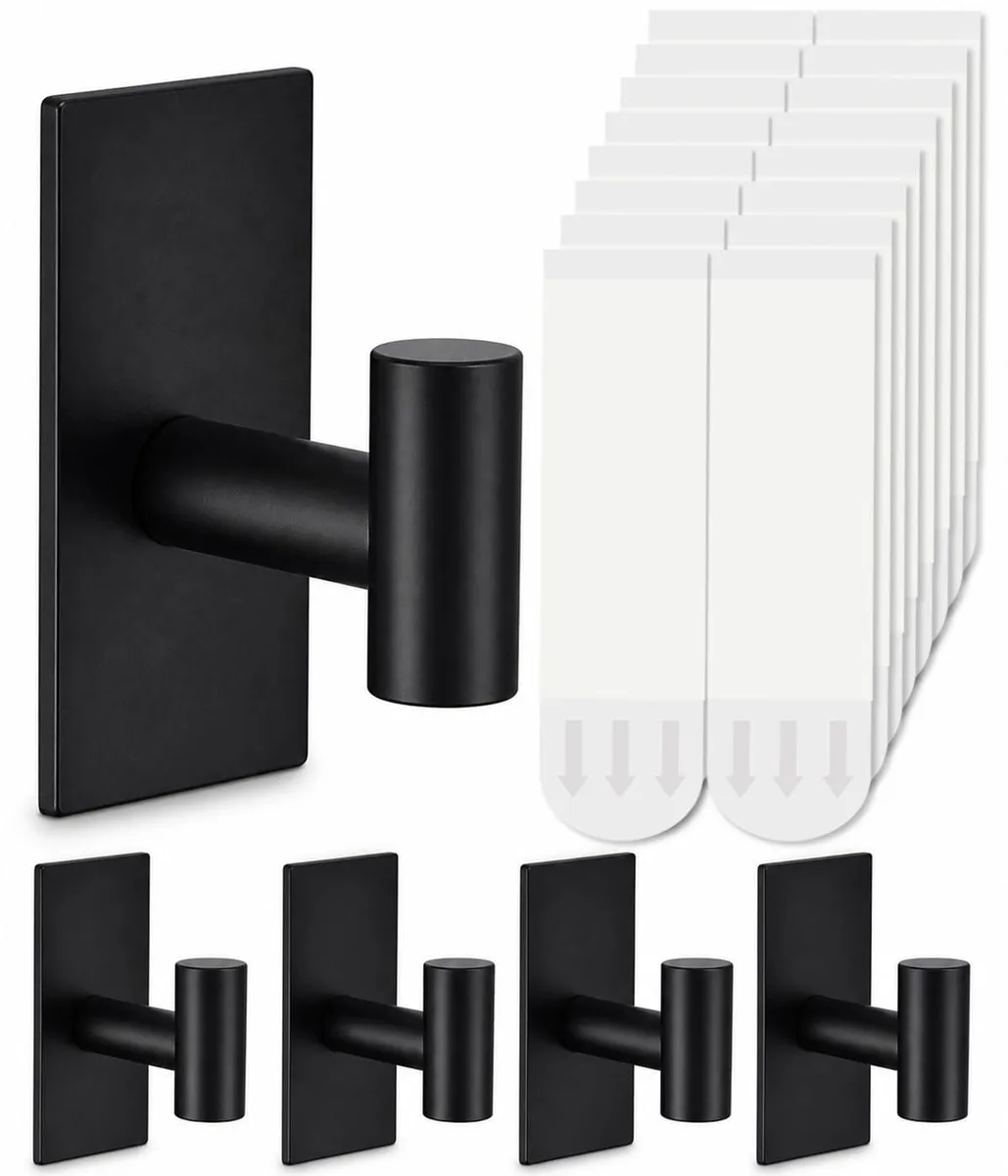 Five black stainless steel adhesive hooks with removable strips