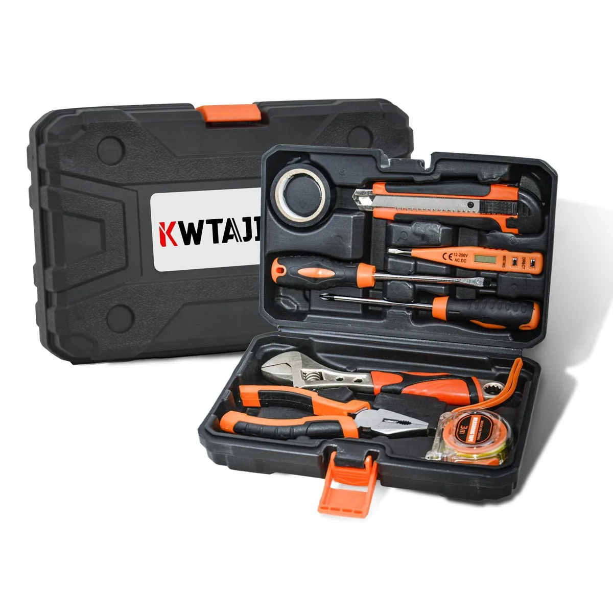 Compact black blow-molded case holding eight essential hand tools including pliers knife screwdrivers wrench tester tape and hammer