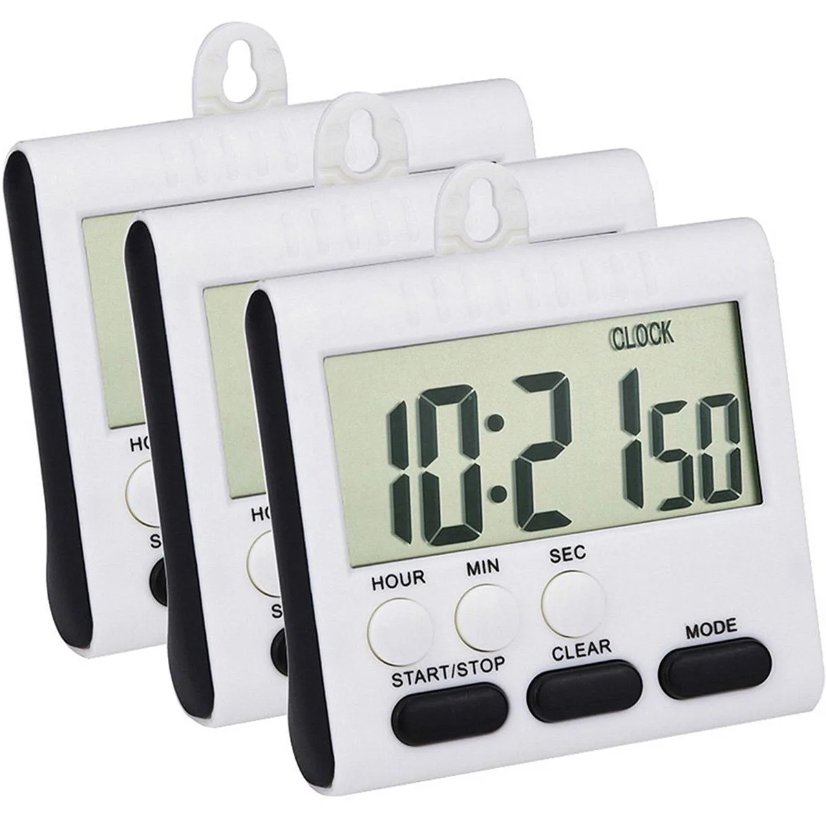 Three yellow plastic digital timers with magnetic backs and stands, each showing large black digits on a 2.5 by 1.2 inch LCD screen