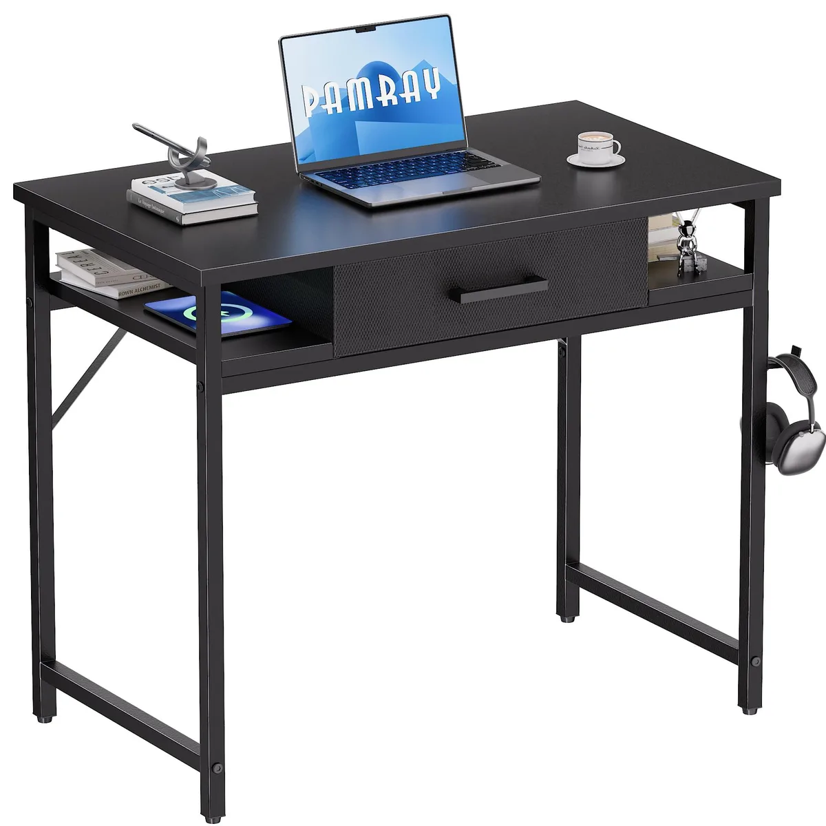 Black rectangular desk with leather-finish top, center fabric drawer, side shelves and metal frame