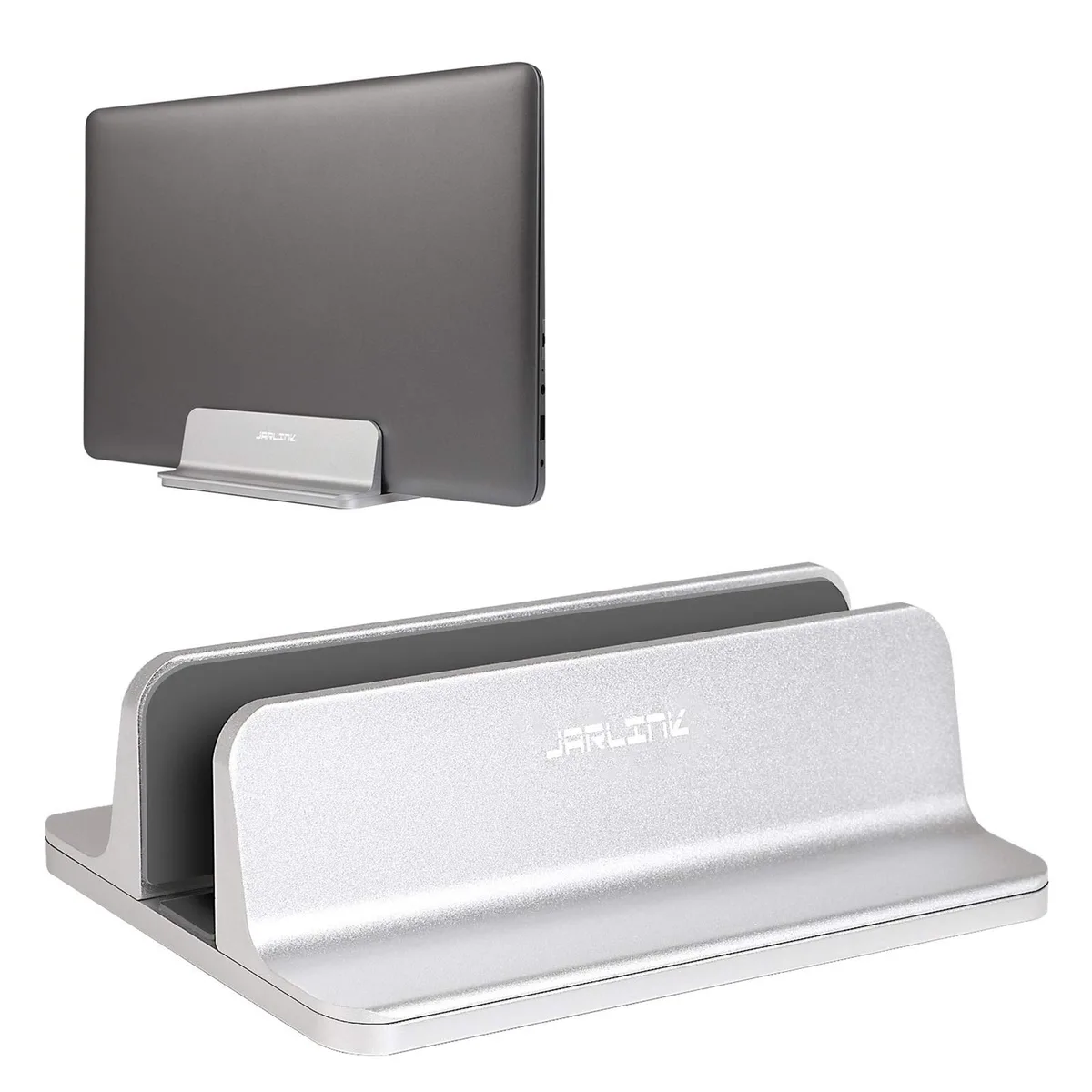 Silver anodized aluminium vertical laptop stand with adjustable width clamp and tabletop base