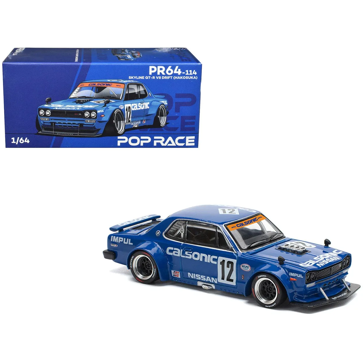 Pop Race Pop Race Skyline GT-R V8 Drift Hakosuka RHD #12 Calsonic Blue 1/64 hobby collectible — product photo