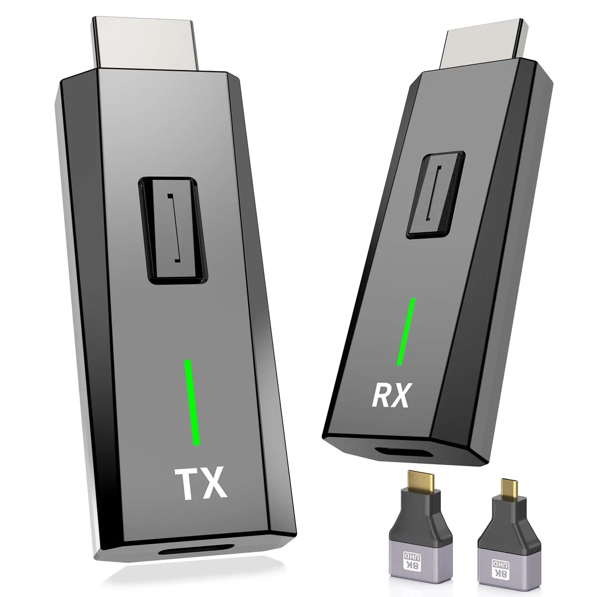 Two small black wireless HDMI boxes, one transmitter one receiver, compact rectangular shape with smooth matte finish