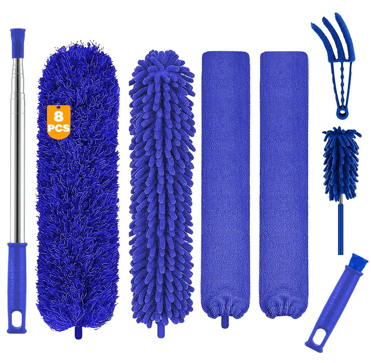Eight-piece microfiber duster set with 100-inch telescoping pole, bendable heads, washable, lightweight