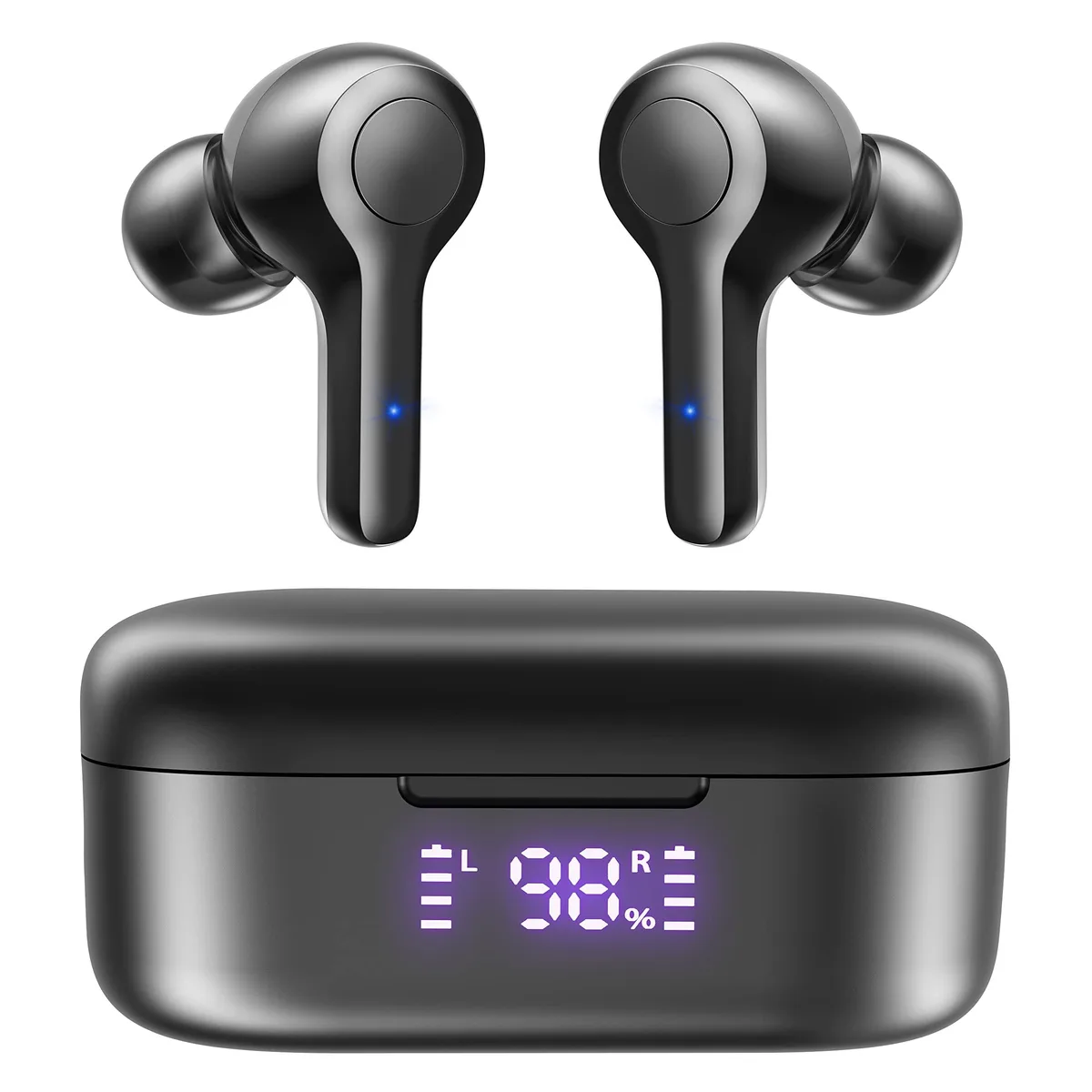 Black in-ear wireless earbuds with charging case