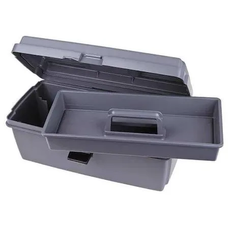 Gray plastic tool box with recessed handle and lift-out tray, 16 inches wide