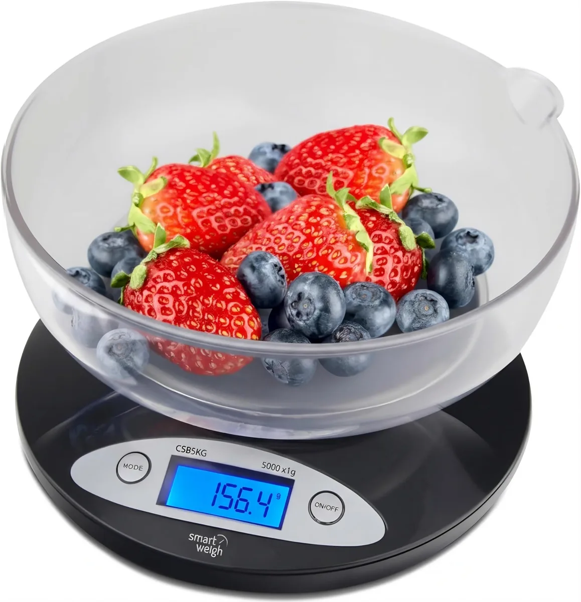 Silver stainless steel digital kitchen scale with removable bowl, 7.1 in square platform, blue backlit LCD display
