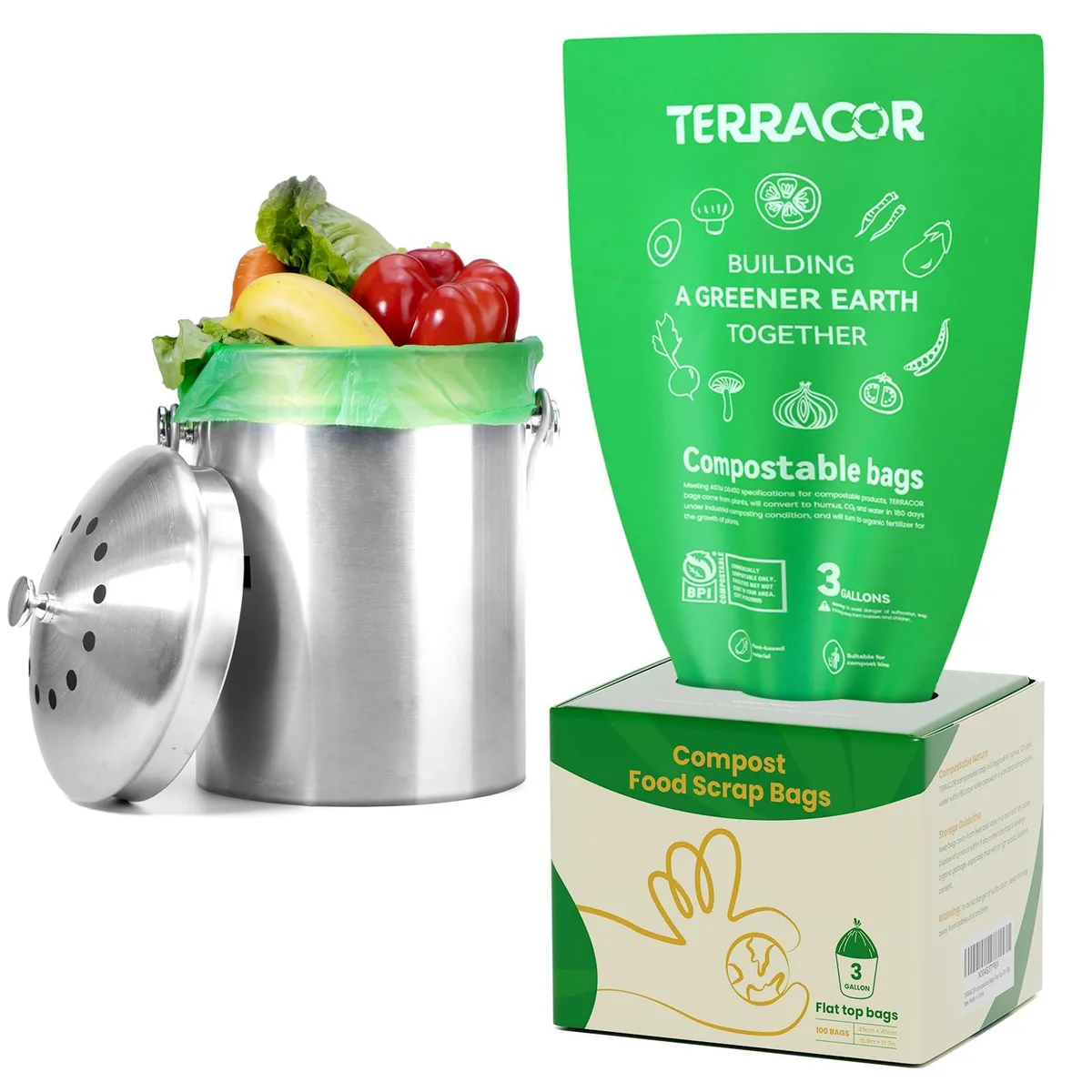  TERRACOR 3 Gallon Compostable Bags 100 Count 16.9x17.7in — product photo