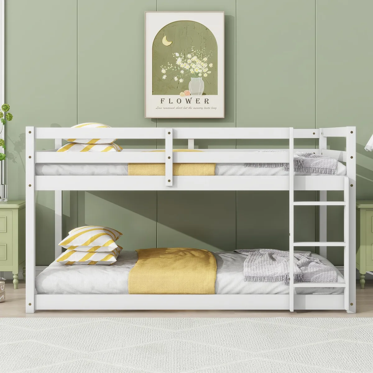 White rubber-wood twin-over-twin floor bunk bed with ladder and 13 slats
