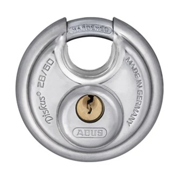 Silver disc padlock with stainless steel body and steel shackle, keyed alike number 28