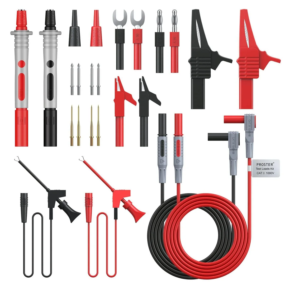 24-piece multimeter test lead kit with probes, alligator clips, hook clips and silicone leads in storage box
