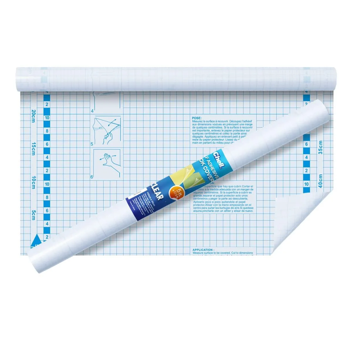 A clear adhesive vinyl roll, 17.5 inches wide by 5 feet long, with a matte finish and printed grid lines on the backing paper