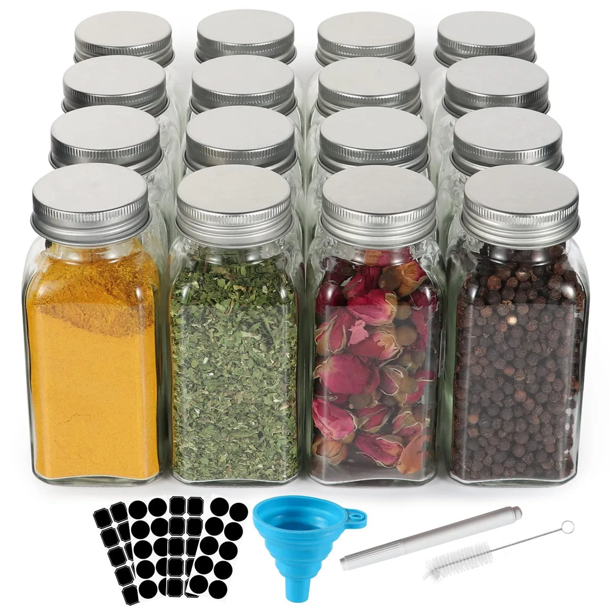 Sixteen square glass spice jars with red shaker lids, labels, funnel and brush