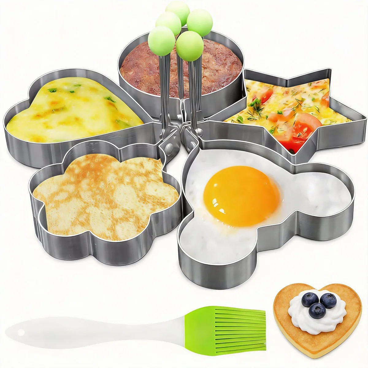 Five stainless steel egg rings in heart, star, flower, circle and mouse shapes with silicone handles