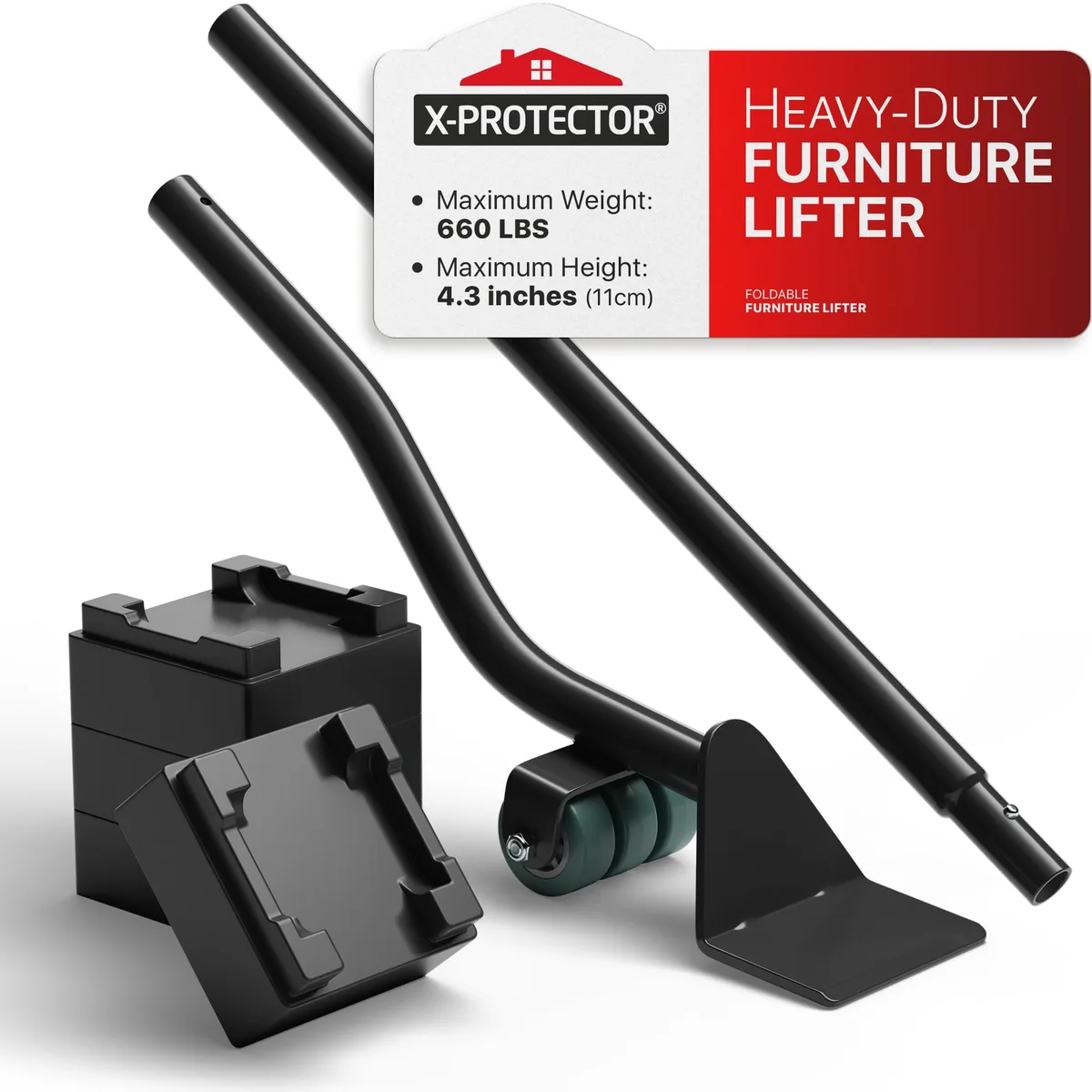 Metal furniture lifter with demountable handle and four adjustable pedestals, 4.3 inch maximum lift height