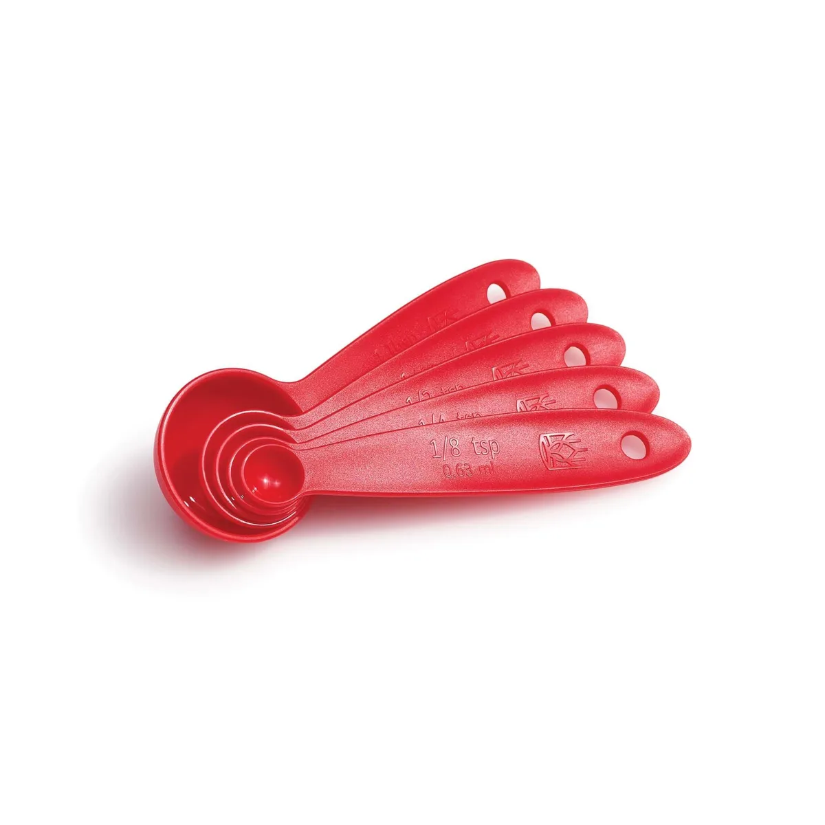 Set of five lightweight plastic measuring spoons on a ring, white with embossed markings
