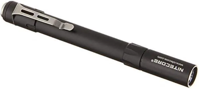 Black cylindrical penlight with pocket clip and single button