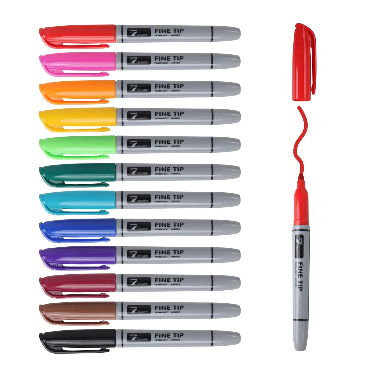 Set of 12 fine-tip permanent markers in assorted colours, waterproof quick-drying ink, plastic bag packaging