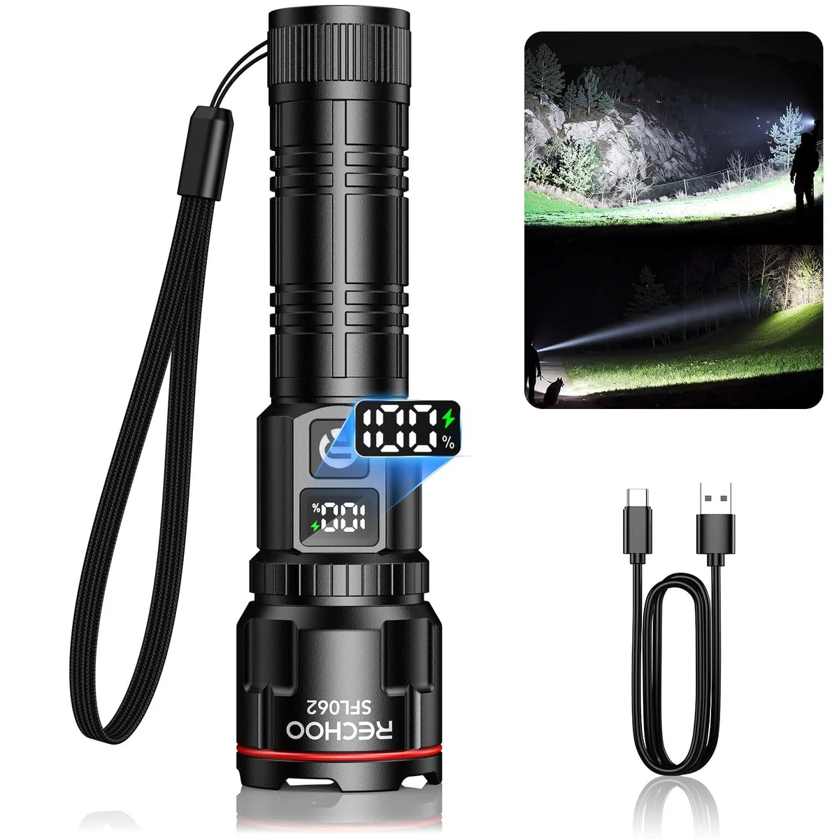 Compact aluminium flashlight with LCD display and USB-C port