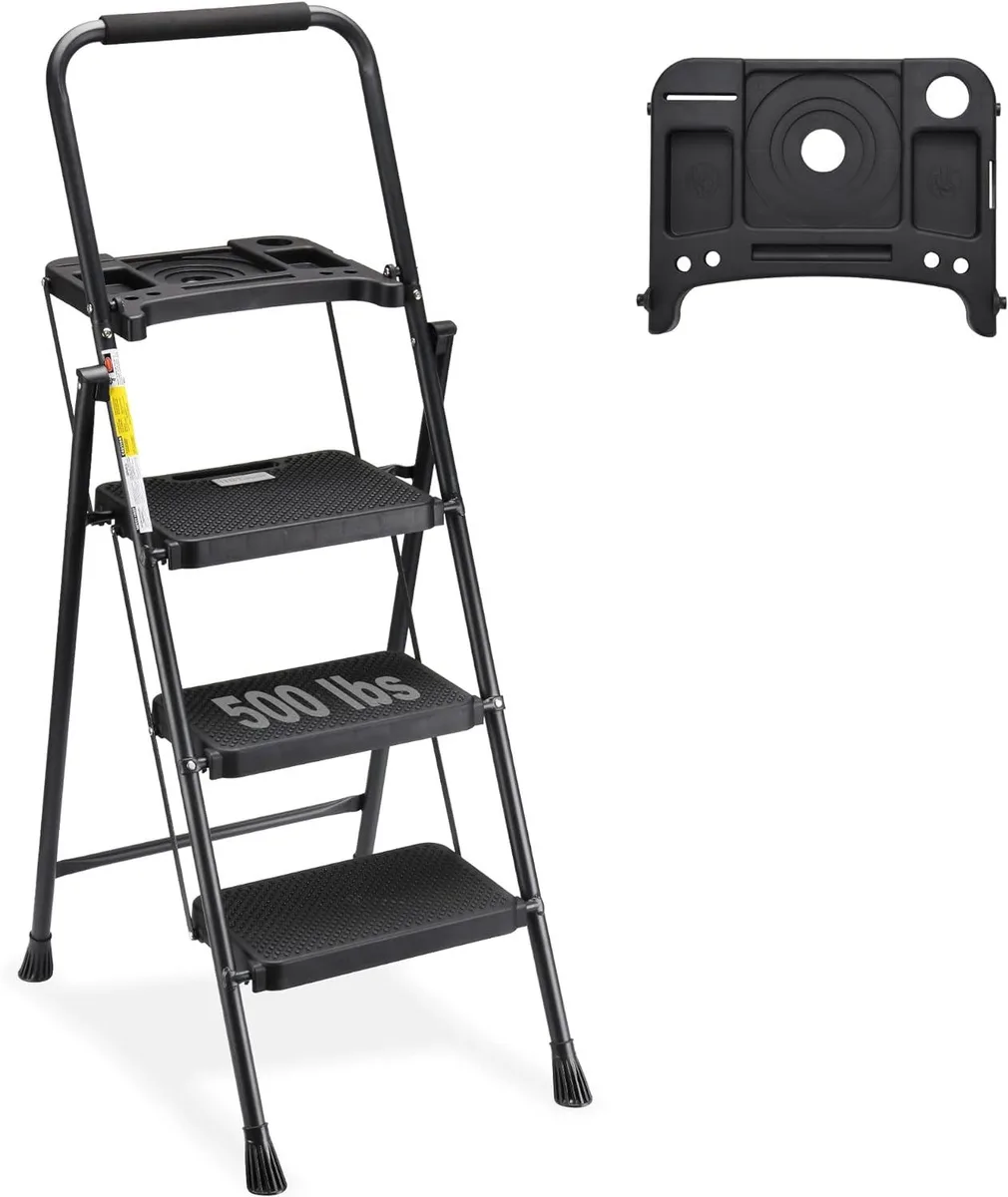 Black three-step folding ladder with tool tray, wide non-slip steps and comfort handgrip