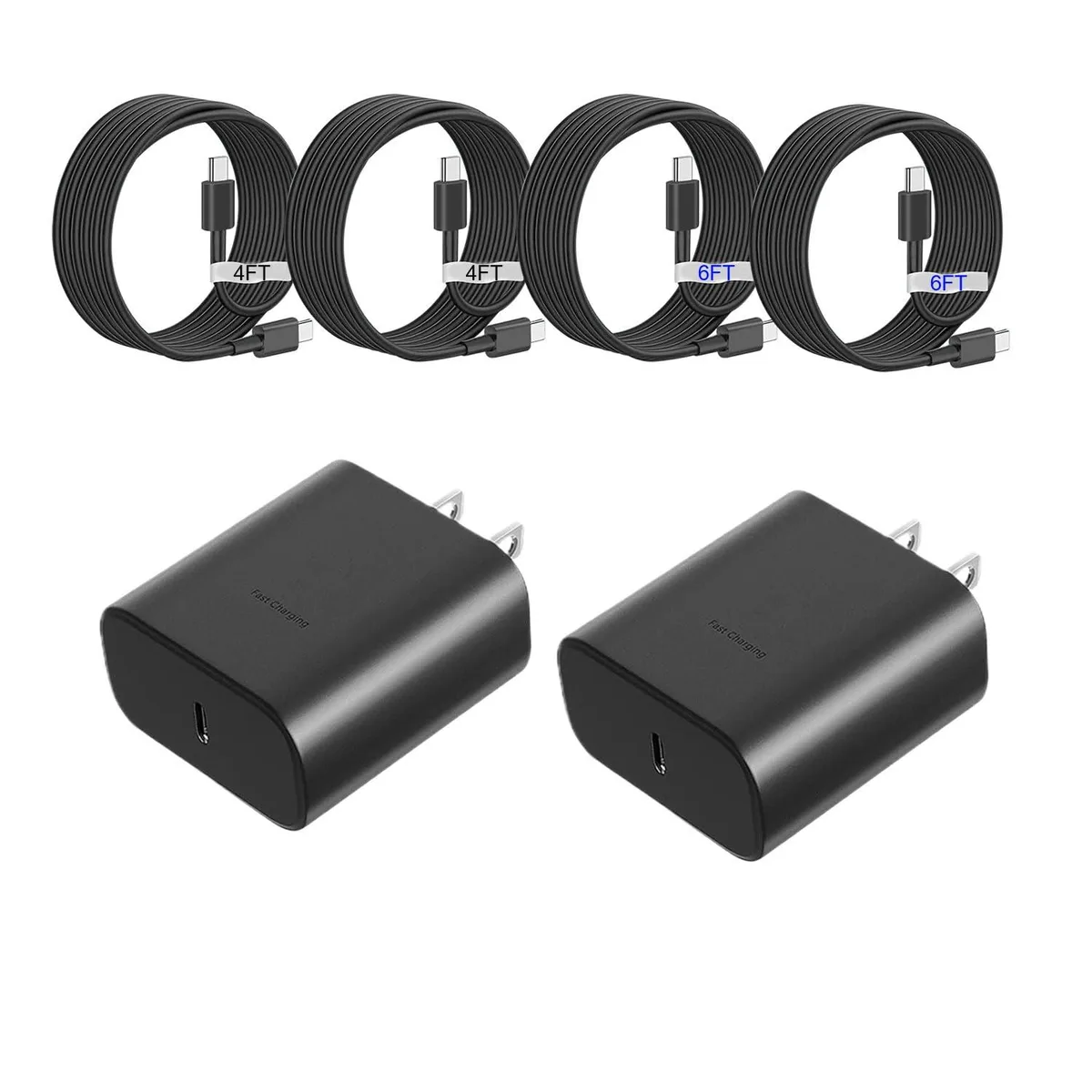 Two black USB-C wall chargers with matching cables