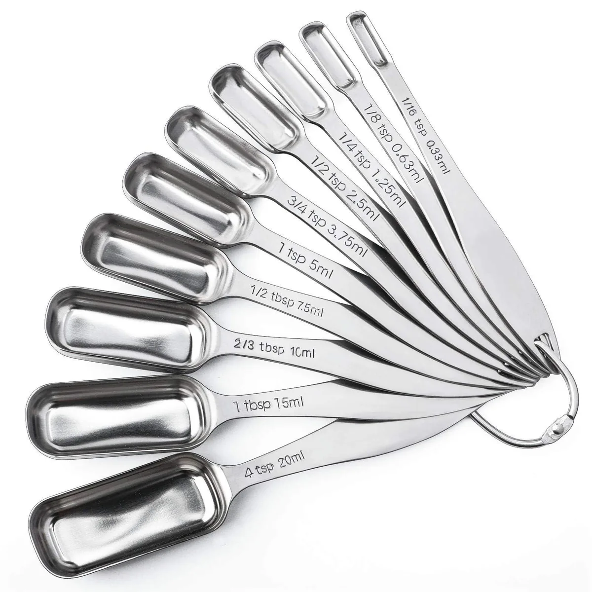 Ten stainless steel measuring spoons on a ring, slim rectangular bowls with long handles and engraved markings