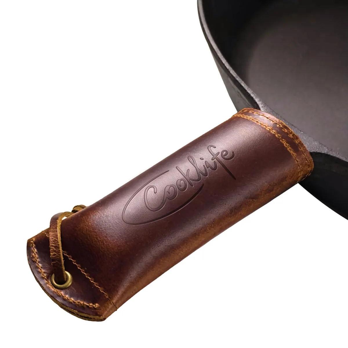 Brown leather handle cover with hanging cord, fits cast iron skillet
