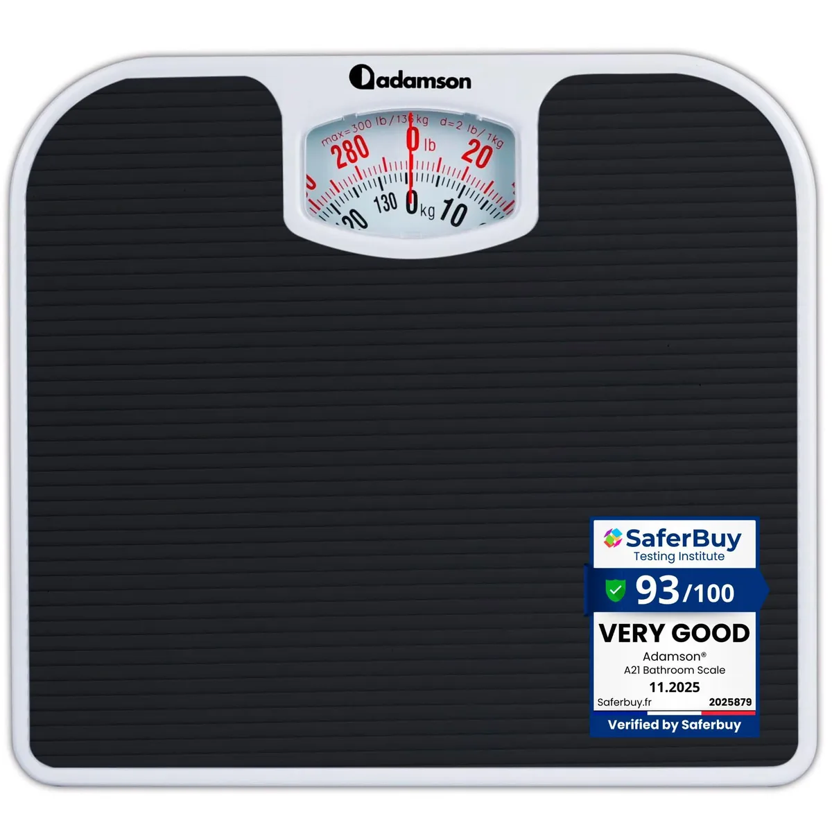 Black analog bathroom scale with textured rubber surface and large dial display