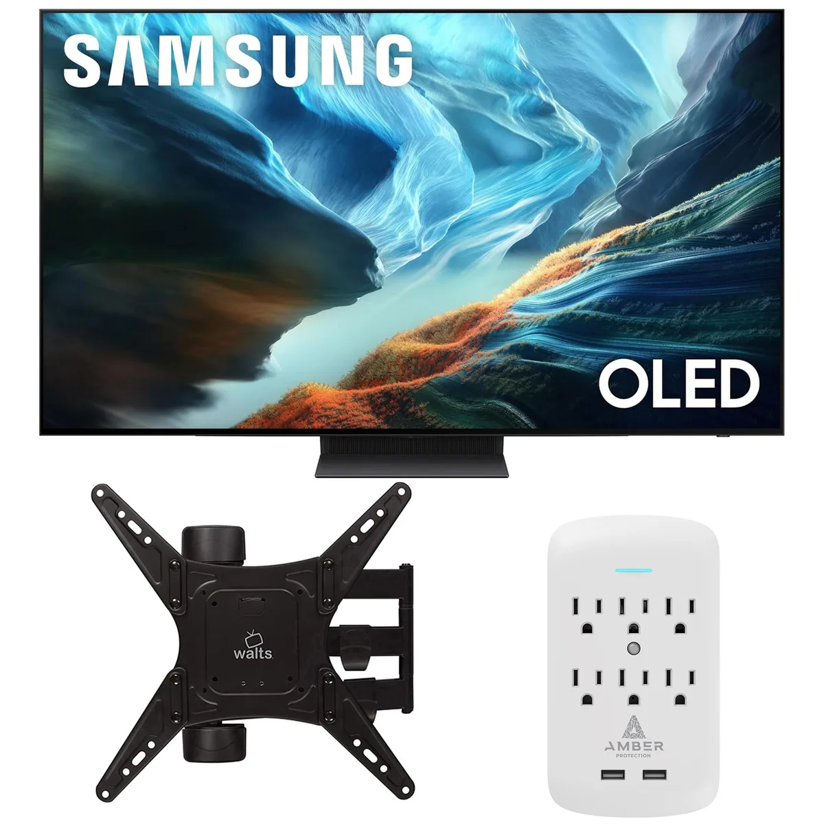 SAMSUNG SAMSUNG QN48S90HAEXZA 48" S90HA OLED 4K 165Hz TV combo with Walts mount and Amber 6-outlet surge protector — product photo