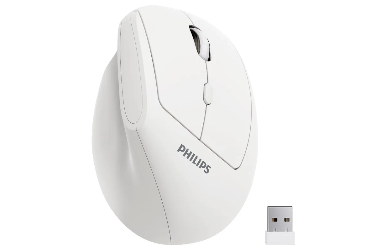 White vertical wireless mouse with six silent buttons and a DPI switch